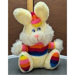 Vtg 80s McCrory Corp Rabbit Plush Stuffed Toy Rainbow Feet Hat Sweater Nostalgia